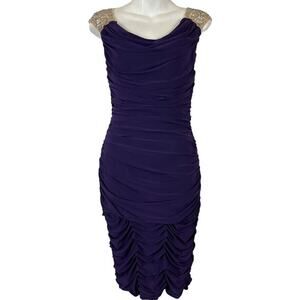 JS Boutique Womens Purple Ruched Stretch Knit Beaded Strap Cocktail Dress sz 8